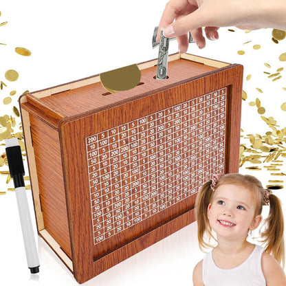 Wooden Cash Vault Savings Box – Secure Adult Money Bank with Target Tracker & Numbered Goal Display