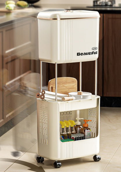 Movable Kitchen Trash Can with Lid – Double-Layer Narrow Storage Bin, Anti-Odor Design for Home and Recycling Use