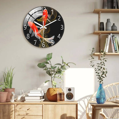 Red Koi Tempered Glass Wall Clock – 12-Inch Fish Design, Silent Movement, Elegant Home Décor for Living Room or Office