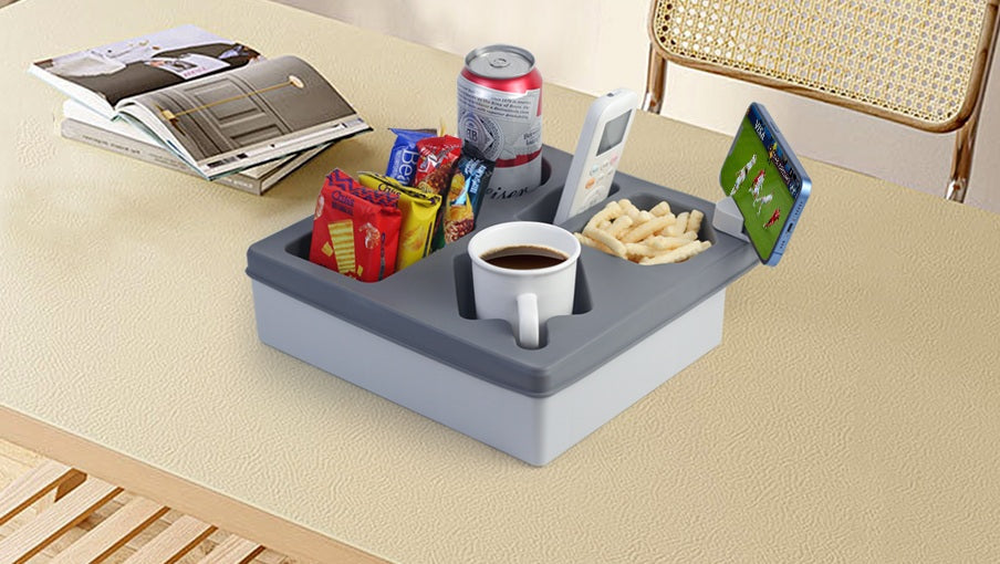 Grey Silicone Sofa Caddy Tray – Waterproof Armrest Organizer for Remotes, Snacks, Drinks & Phones in Any Living Space