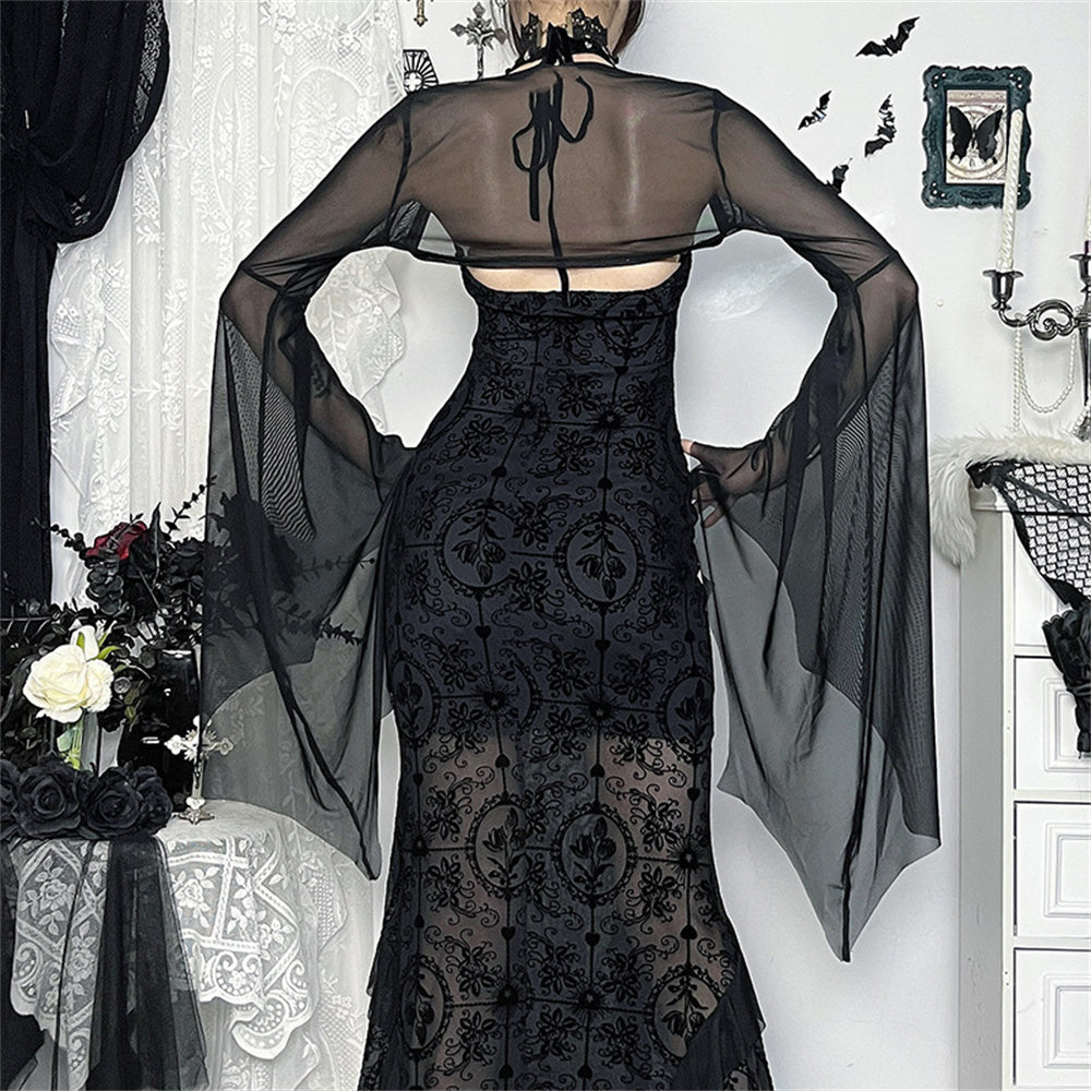Halloween Gothic Mesh Crop Top for Women – Sexy Batwing Sleeve See-Through Blouse, Vintage Streetwear for Cosplay and Party Fashion