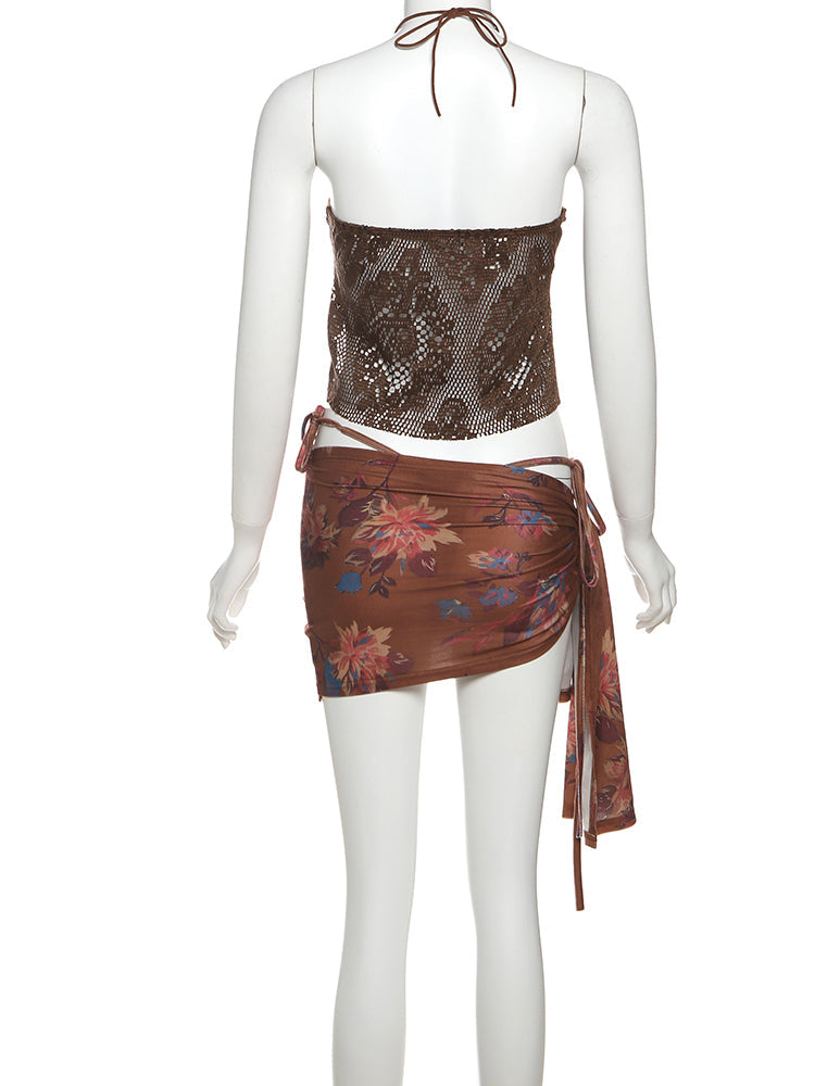 Women’s Three Piece Floral Knit Set – Halter Camisole, Lace-Up Briefs, and Ruched Knot Skirt for Beach or Clubwear