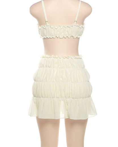 Women’s Ruffled Two-Piece Set – Summer Beach Camisole and Ruched Skirt Outfit for Vacation or Club Party Style