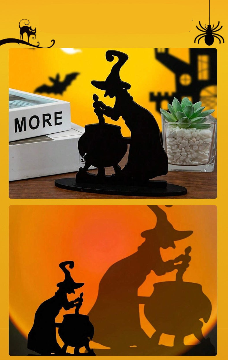 Halloween Witch and Black Cat Figurine – Wooden Apothecary Desk Ornament for Spooky Party Atmosphere, Home Decoration, and Craft Display