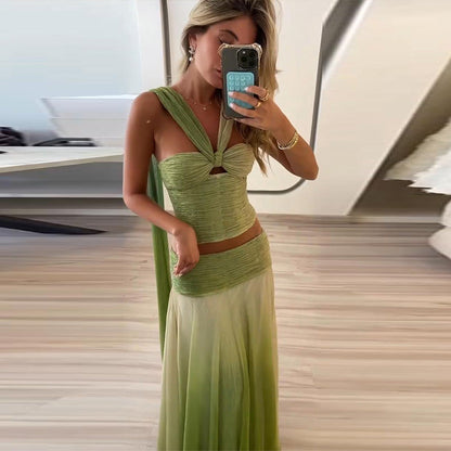 Gradient Halter Skirt Set – Sleeveless Pleated Crop Top & Floor-Length Skirt for Sexy Summer Beach Holidays