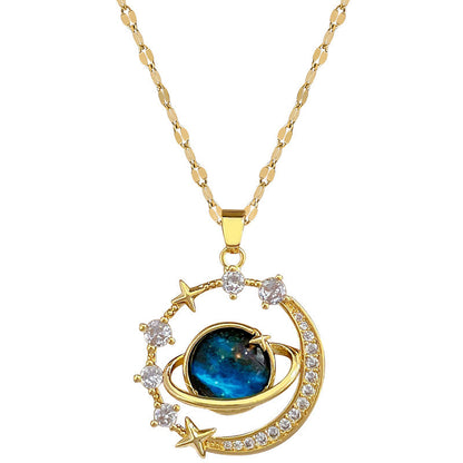 Exquisite Starry Sky Planet Light Necklace – Luxurious Stainless Steel Clavicle Chain with Gorgeous Moon and Shining Stars