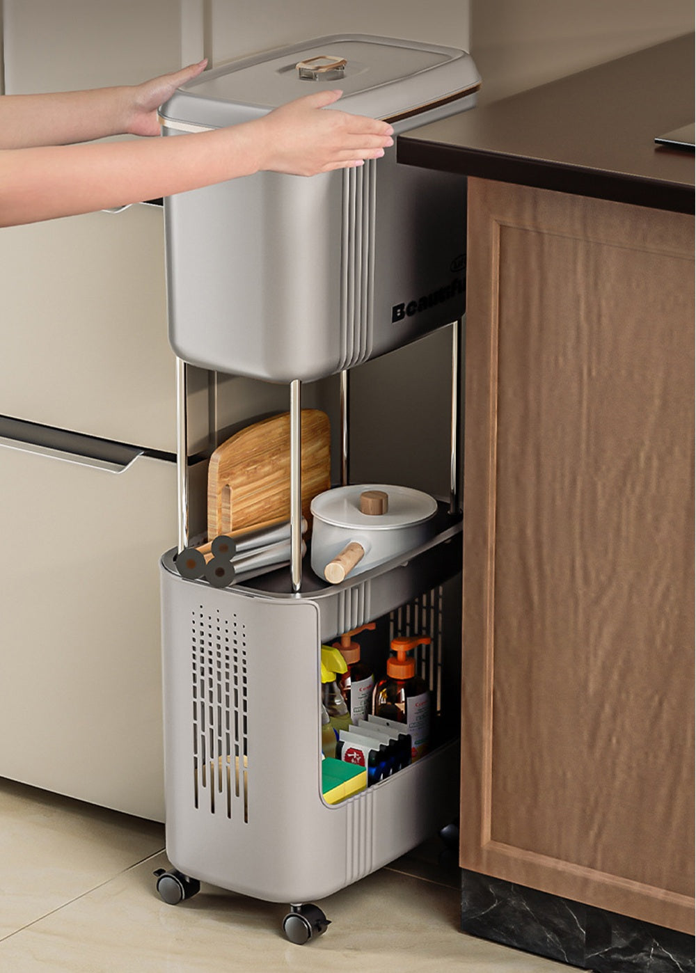 Movable Kitchen Trash Can with Lid – Double-Layer Narrow Storage Bin, Anti-Odor Design for Home and Recycling Use