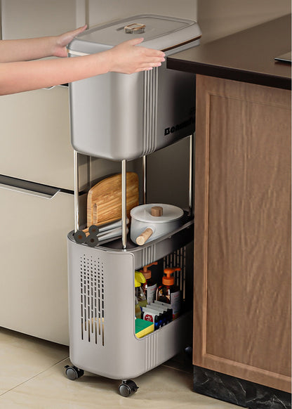 Movable Kitchen Trash Can with Lid – Double-Layer Narrow Storage Bin, Anti-Odor Design for Home and Recycling Use