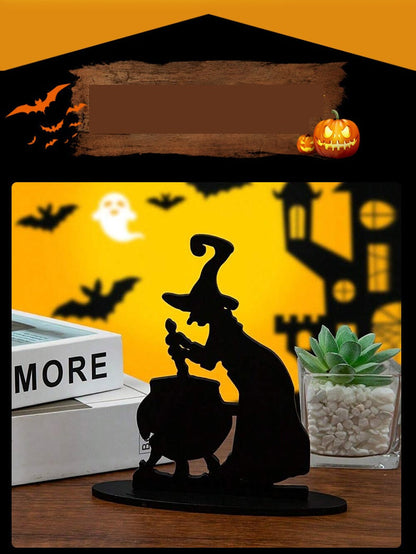 Halloween Witch and Black Cat Figurine – Wooden Apothecary Desk Ornament for Spooky Party Atmosphere, Home Decoration, and Craft Display