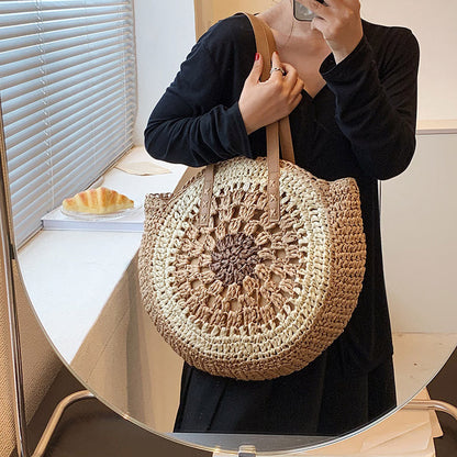 Handmade Paper Rope Woven Beach Bag – Colorful Hollow Round Tote with Shoulder Strap for Summer Casual Outfits