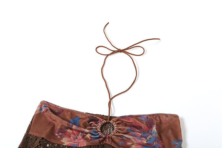 Women’s Three Piece Floral Knit Set – Halter Camisole, Lace-Up Briefs, and Ruched Knot Skirt for Beach or Clubwear