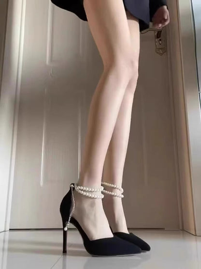 Pearl Baotou Heels – Sexy Pointed-Toe Ankle Strap Pumps for Women’s Elegant Spring & Summer Fashion