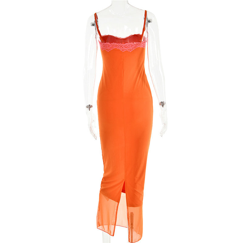 Lace Patchwork Maxi Dress – Sexy Spaghetti Strap Backless Club Dress with Batwing Sleeves for Elegant Nights Out