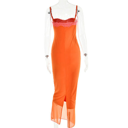 Lace Patchwork Maxi Dress – Sexy Spaghetti Strap Backless Club Dress with Batwing Sleeves for Elegant Nights Out