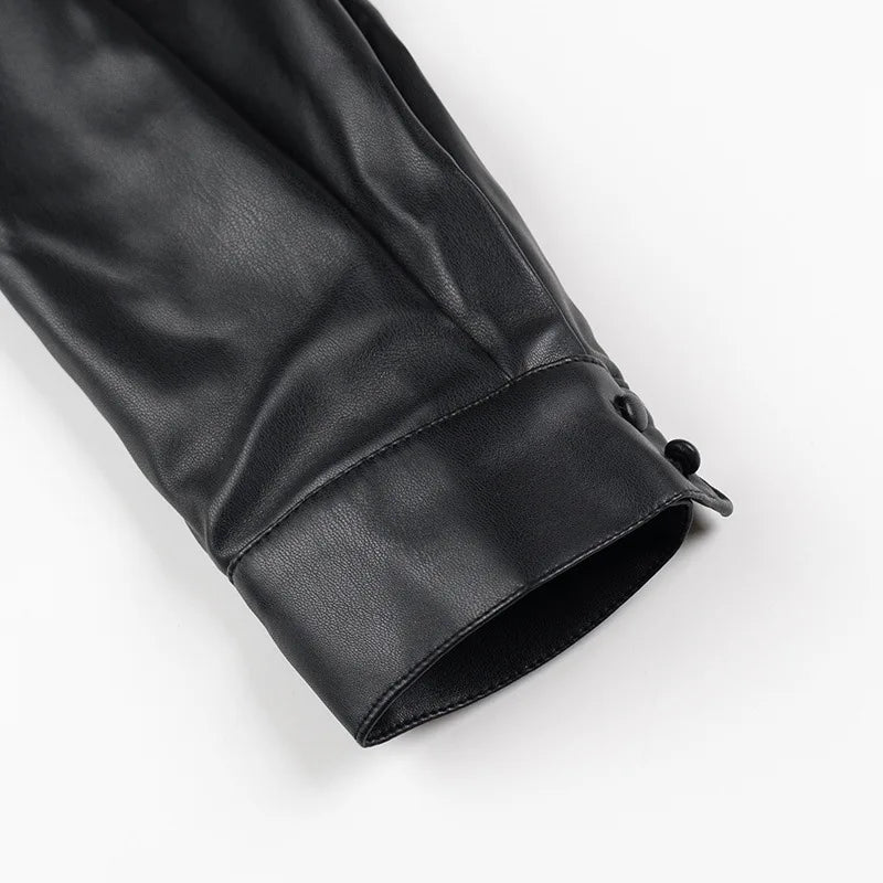 Women’s V-Neck PU Leather Long Sleeve Jumpsuit with Short Skirt – Stylish Party Outfit for Autumn and Winter Fashion
