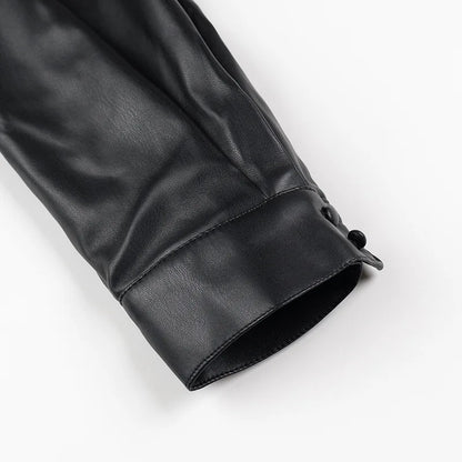 Women’s V-Neck PU Leather Long Sleeve Jumpsuit with Short Skirt – Stylish Party Outfit for Autumn and Winter Fashion
