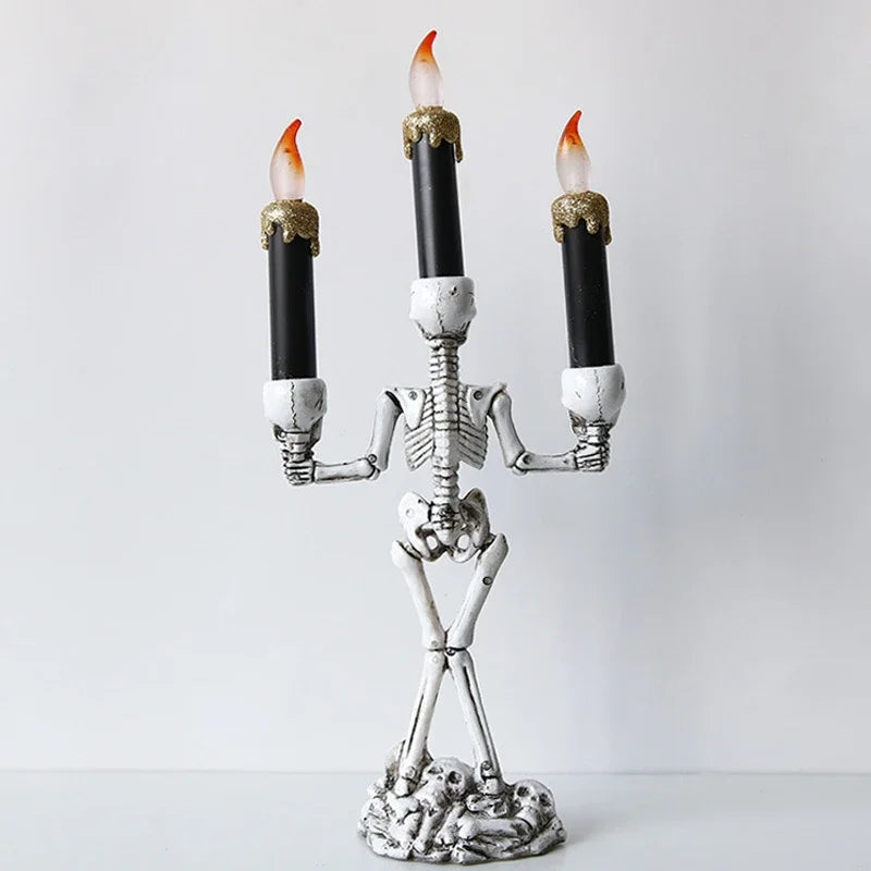Halloween Skull Candlestick Holder – LED Flameless Candle Stand Horror Prop for Spooky Haunted House Party and Gothic Room Décor