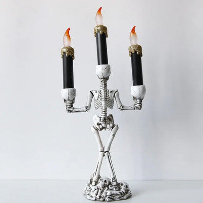 Halloween Skull Candlestick Holder – LED Flameless Candle Stand Horror Prop for Spooky Haunted House Party and Gothic Room Décor