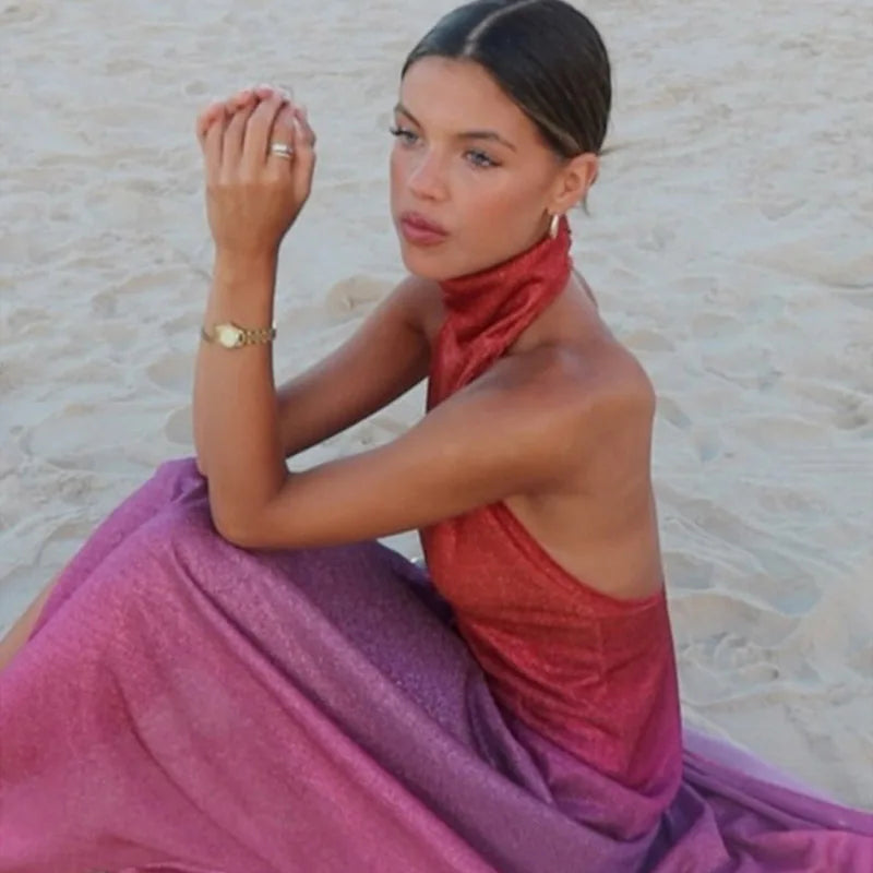 Shiny Gradient Halter Maxi Dress – Rainbow Color Backless Wrap Gown with Side Split for Beach, Party, and Evening Elegance