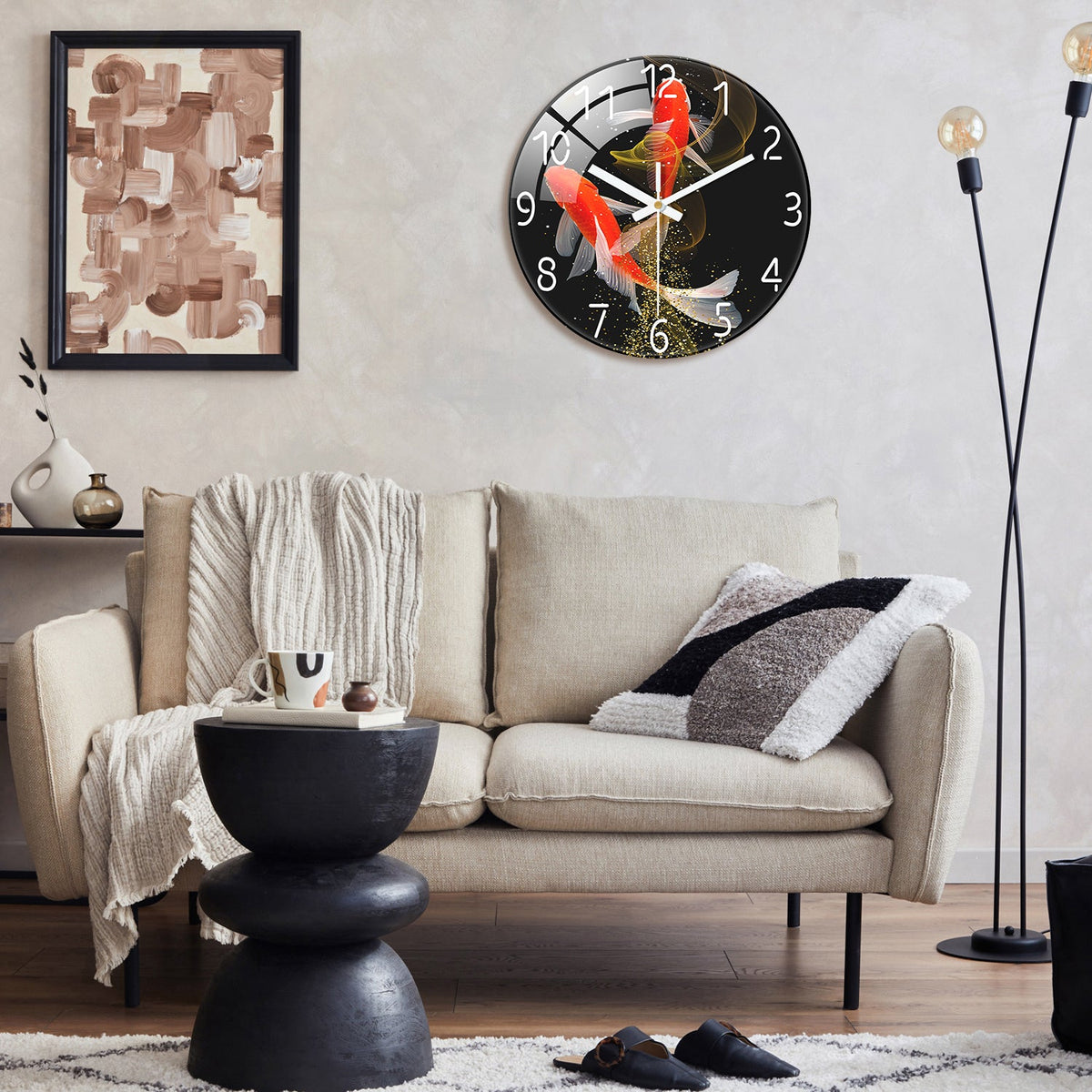 Red Koi Tempered Glass Wall Clock – 12-Inch Fish Design, Silent Movement, Elegant Home Décor for Living Room or Office