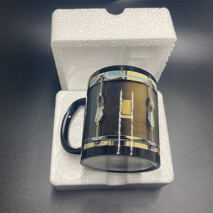 Black Ceramic Drum Mug – Unique 325ml Coffee Cup for Musicians, Drummers, and Music Lovers with Cool Retro Design