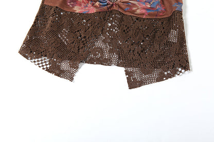 Women’s Three Piece Floral Knit Set – Halter Camisole, Lace-Up Briefs, and Ruched Knot Skirt for Beach or Clubwear