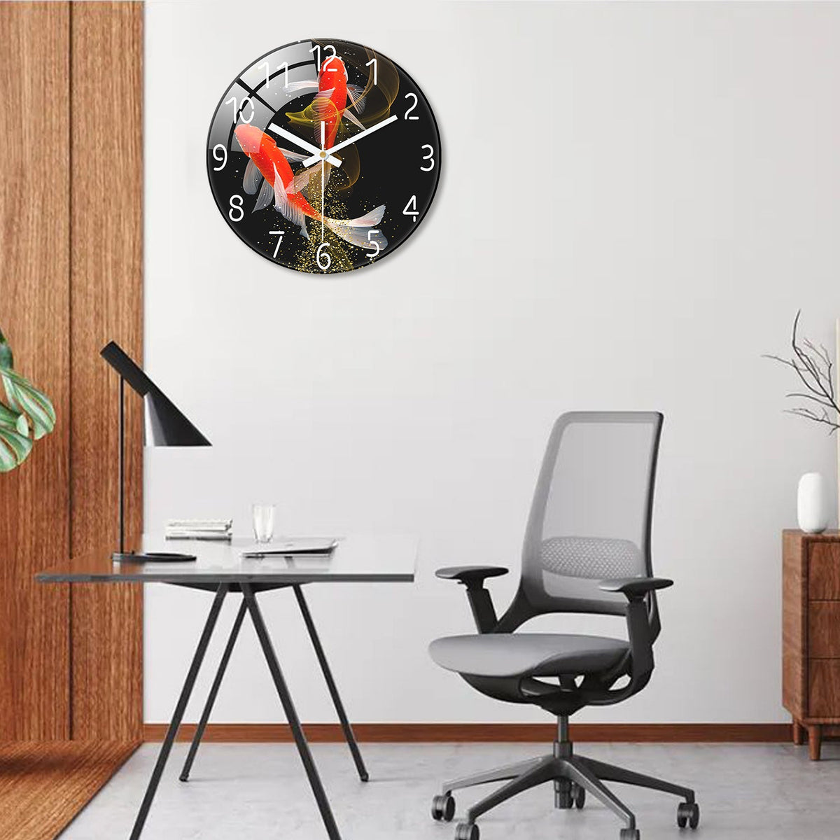 Red Koi Tempered Glass Wall Clock – 12-Inch Fish Design, Silent Movement, Elegant Home Décor for Living Room or Office