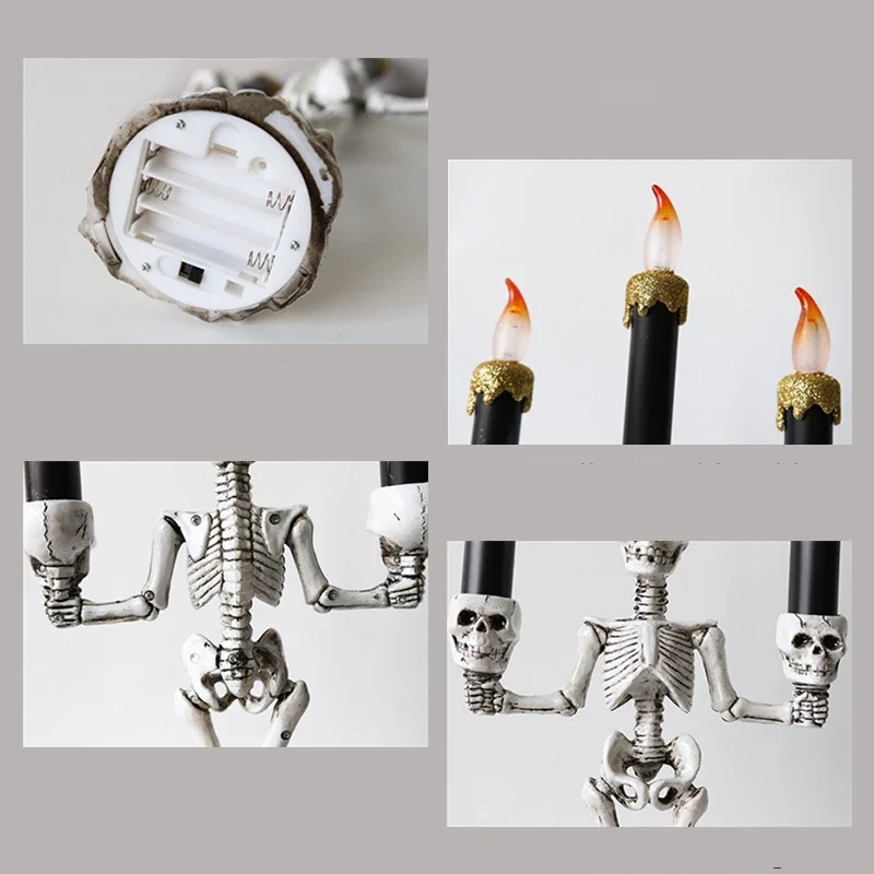 Halloween Skull Candlestick Holder – LED Flameless Candle Stand Horror Prop for Spooky Haunted House Party and Gothic Room Décor