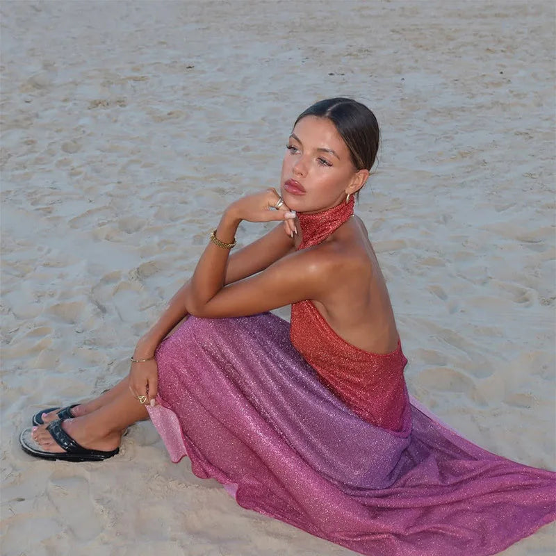 Shiny Gradient Halter Maxi Dress – Rainbow Color Backless Wrap Gown with Side Split for Beach, Party, and Evening Elegance