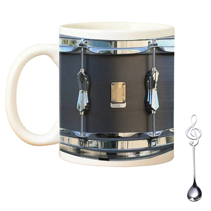 Black Ceramic Drum Mug – Unique 325ml Coffee Cup for Musicians, Drummers, and Music Lovers with Cool Retro Design