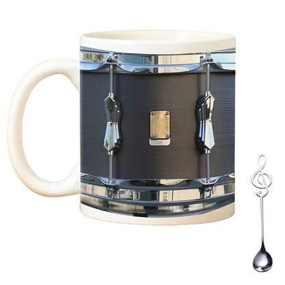 Black Ceramic Drum Mug – Unique 325ml Coffee Cup for Musicians, Drummers, and Music Lovers with Cool Retro Design