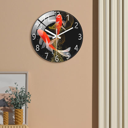 Red Koi Tempered Glass Wall Clock – 12-Inch Fish Design, Silent Movement, Elegant Home Décor for Living Room or Office
