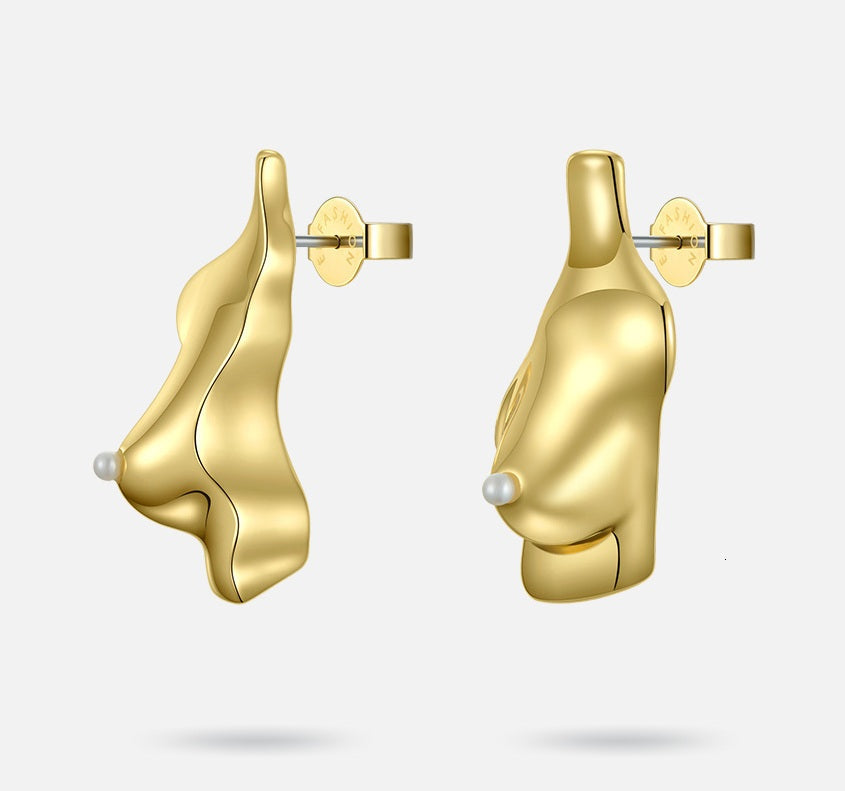 Chest Stud Earrings – 3D Gold Punk Body Part Design for Women’s Bold Statement Jewelry & Trendy Street Style