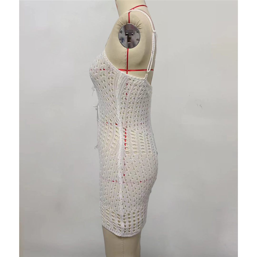 Lace-Up Crochet Mini Dress – Hollow Out Backless Knitted Beach Cover-Up for Bikini Layering and Resort Wear