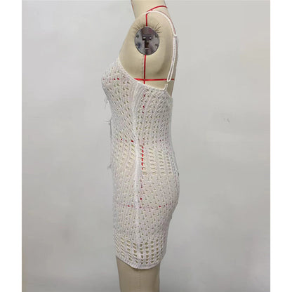 Lace-Up Crochet Mini Dress – Hollow Out Backless Knitted Beach Cover-Up for Bikini Layering and Resort Wear