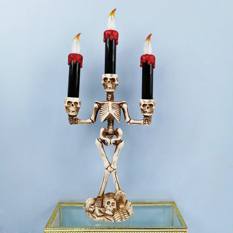 Halloween Skull Candlestick Holder – LED Flameless Candle Stand Horror Prop for Spooky Haunted House Party and Gothic Room Décor