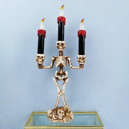 Halloween Skull Candlestick Holder – LED Flameless Candle Stand Horror Prop for Spooky Haunted House Party and Gothic Room Décor