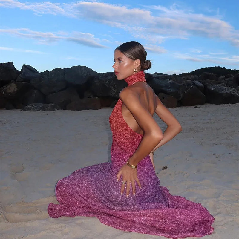 Shiny Gradient Halter Maxi Dress – Rainbow Color Backless Wrap Gown with Side Split for Beach, Party, and Evening Elegance