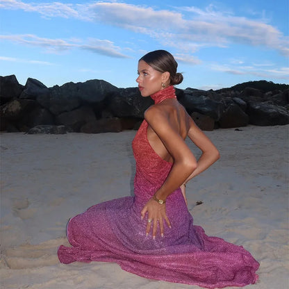 Shiny Gradient Halter Maxi Dress – Rainbow Color Backless Wrap Gown with Side Split for Beach, Party, and Evening Elegance