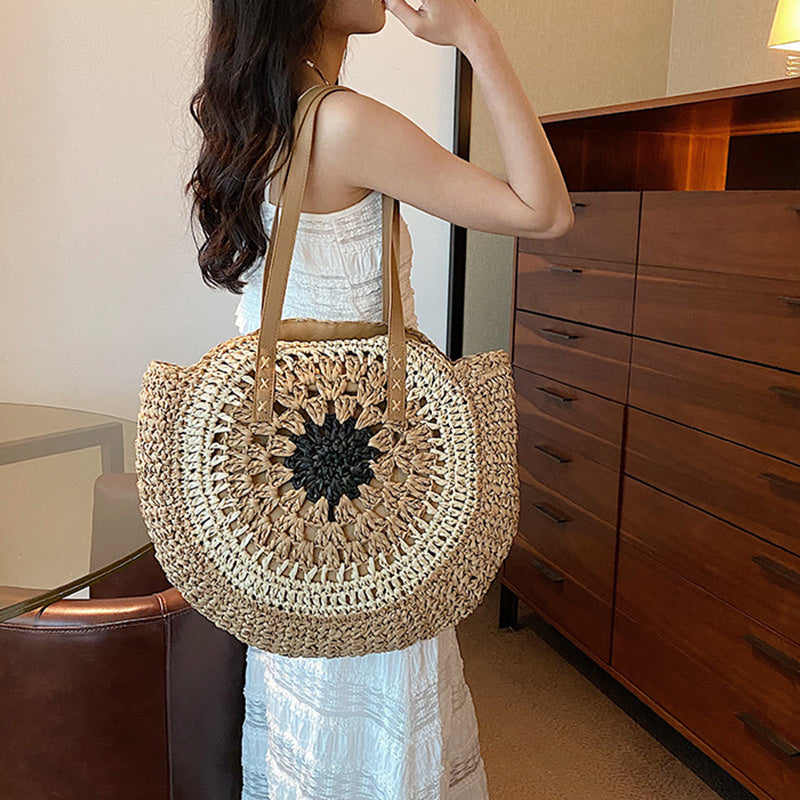Handmade Paper Rope Woven Beach Bag – Colorful Hollow Round Tote with Shoulder Strap for Summer Casual Outfits