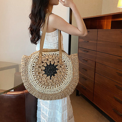 Handmade Paper Rope Woven Beach Bag – Colorful Hollow Round Tote with Shoulder Strap for Summer Casual Outfits