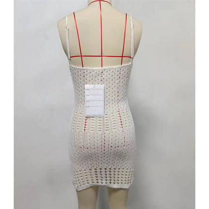 Lace-Up Crochet Mini Dress – Hollow Out Backless Knitted Beach Cover-Up for Bikini Layering and Resort Wear