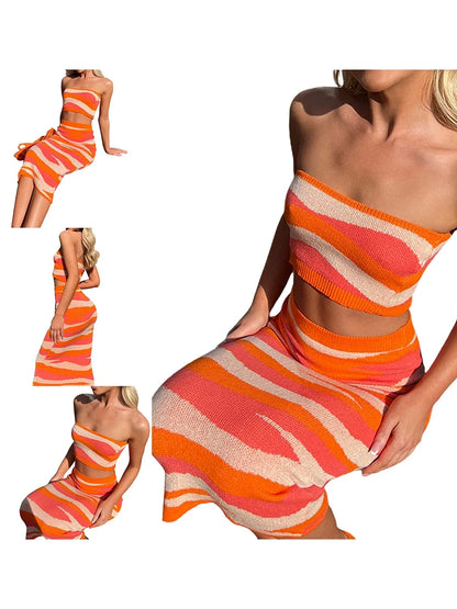 Contrast Knit Two-Piece Set – Strapless Tube Top and Bodycon Midi Skirt Outfit for Summer Nights and Parties