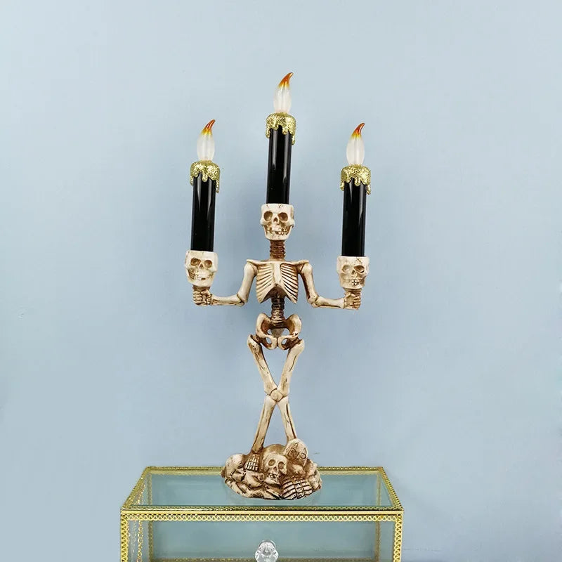 Halloween Skull Candlestick Holder – LED Flameless Candle Stand Horror Prop for Spooky Haunted House Party and Gothic Room Décor