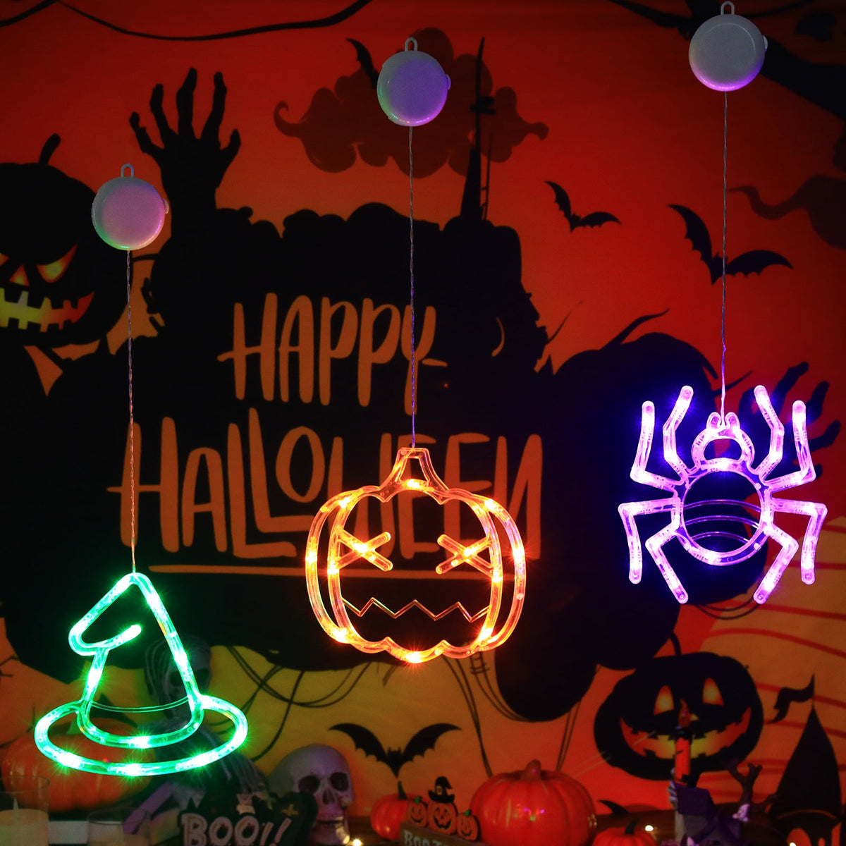 Halloween LED Hanging Lights – Battery-Powered Spooky Bat and Ghost Eye Ornaments for Festive Room, Living Room, and Party Decorations