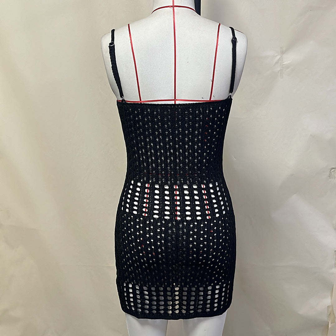 Lace-Up Crochet Mini Dress – Hollow Out Backless Knitted Beach Cover-Up for Bikini Layering and Resort Wear