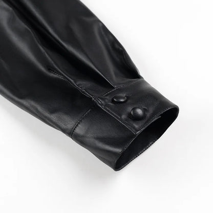 Women’s V-Neck PU Leather Long Sleeve Jumpsuit with Short Skirt – Stylish Party Outfit for Autumn and Winter Fashion