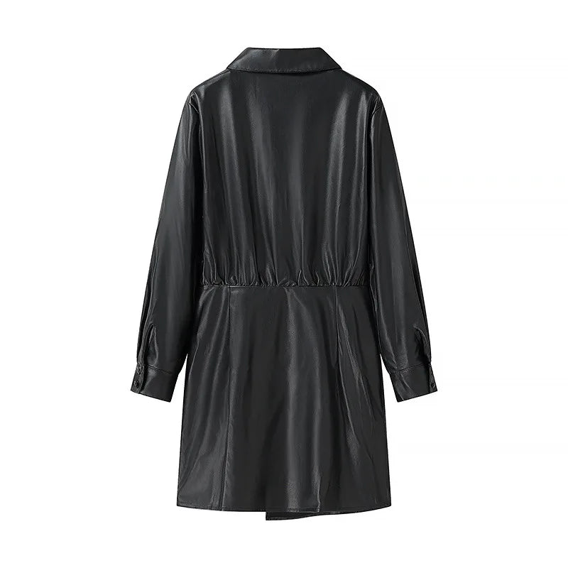 Women’s V-Neck PU Leather Long Sleeve Jumpsuit with Short Skirt – Stylish Party Outfit for Autumn and Winter Fashion