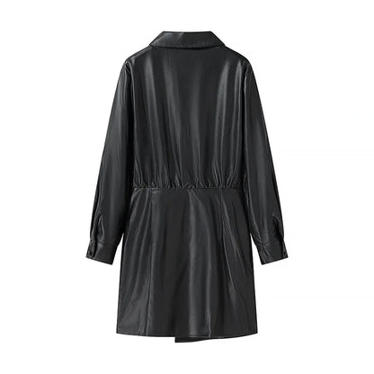 Women’s V-Neck PU Leather Long Sleeve Jumpsuit with Short Skirt – Stylish Party Outfit for Autumn and Winter Fashion