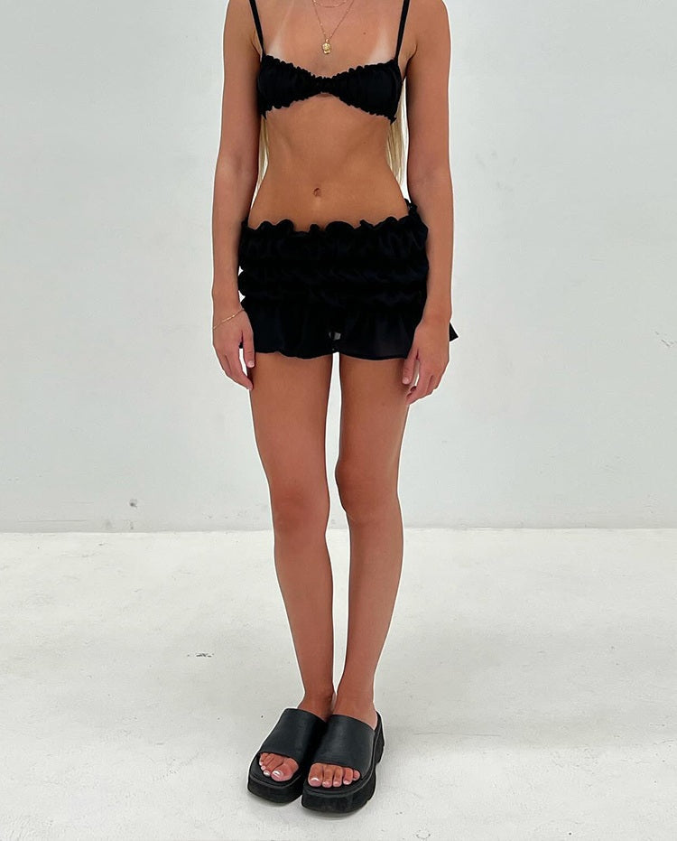 Women’s Ruffled Two-Piece Set – Summer Beach Camisole and Ruched Skirt Outfit for Vacation or Club Party Style